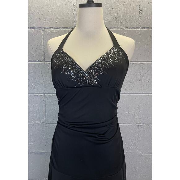 Vintage 90s Black Mesh Halter Dress Handkerchief Hem Sequined LG City Triangles - Picture 4 of 9